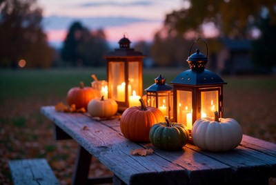 Pumpkins and lanterns at dusk