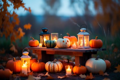 Pumpkin display with lanterns at dusk