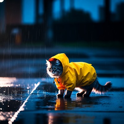 Cat in yellow raincoat on wet street
