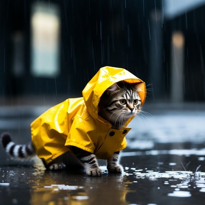 Cat walks in rain wearing raincoat