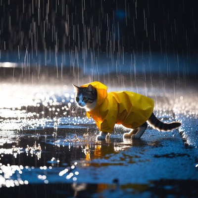 Cat in raincoat in city