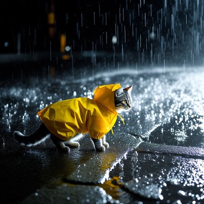 Cat in raincoat walks in rain
