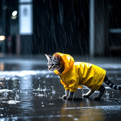 Cat walks in the rain wearing a coat