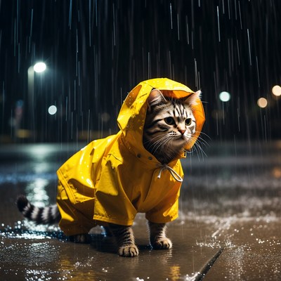 Cat in raincoat during night rain