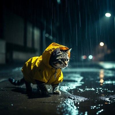 Cat in raincoat walks in city