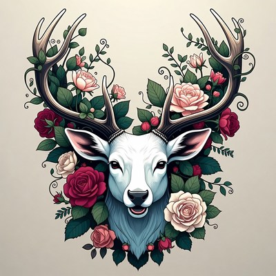 White deer head with flowers