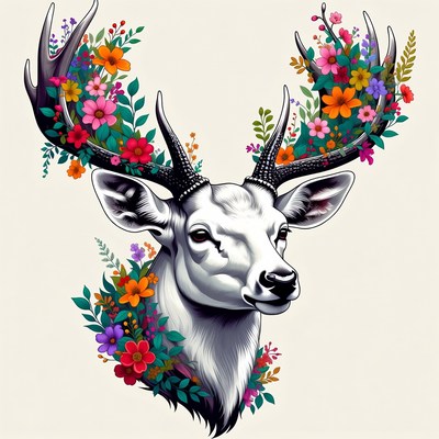 Colorful deer with flowers on antlers