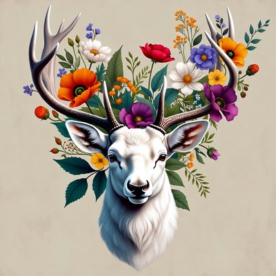 White deer with flowers around its head