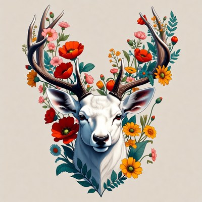 White deer with flowers and plants