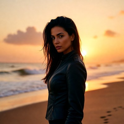 Woman by ocean at sunset