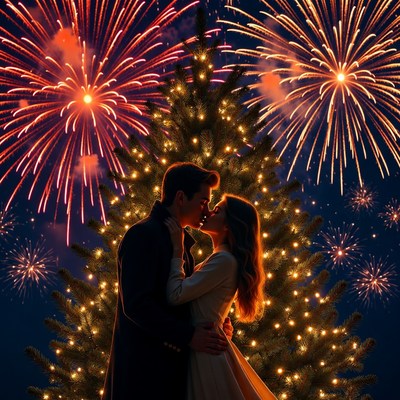 Couple under fireworks at christmas tree