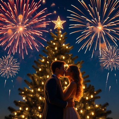 Couple celebrates near christmas tree