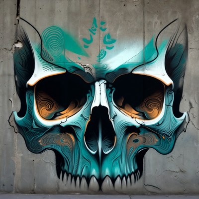 Skull mural on urban wall