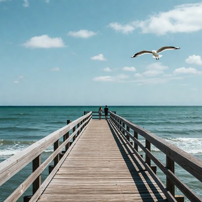 Couples walk on pier by ocean