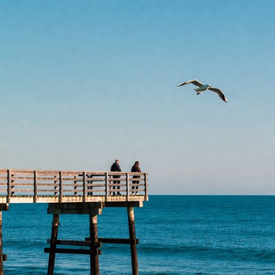 Two people on a pier by the ocean