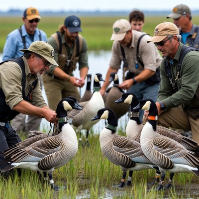 Team tags geese in wetland area