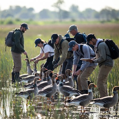 Geese tagging in wetland area