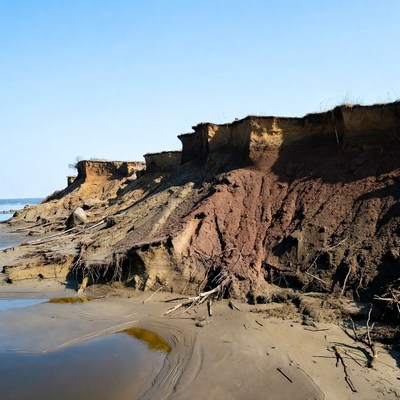 Erosion along riverbank at low tide