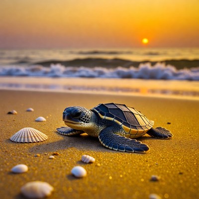 Turtle on beach at sunset