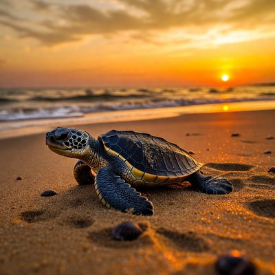 Turtle on beach at sunset