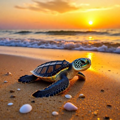 Turtle on the beach at sunset
