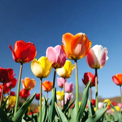 Colorful tulips bloom under clear sky