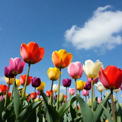 Colorful Tulip Field Under Blue Sky