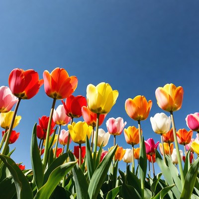 Bright tulip field under clear sky