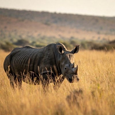 Rhino walking through tall grass at sunset