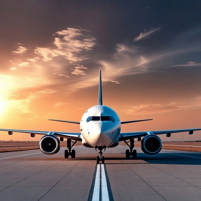 Airplane on runway at sunset
