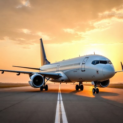 Airplane on runway at sunset