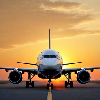 Airplane on runway at sunset