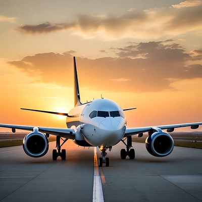 Plane prepares for takeoff at sunset