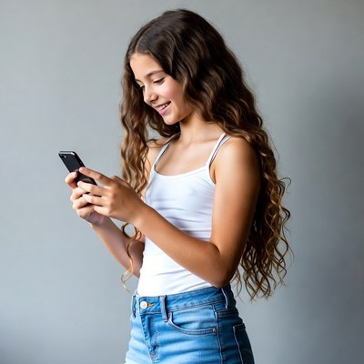 Girl smiling while checking phone
