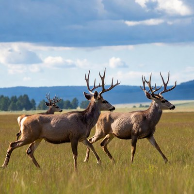 Deer crossing grassy field at sunset