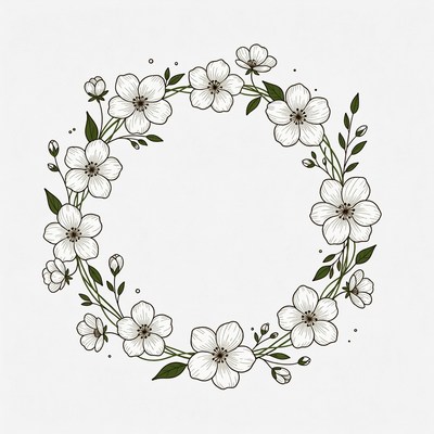 Floral circle with white flowers and leaves