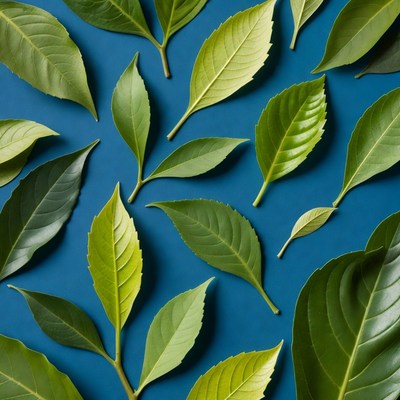 Variety of green leaves on blue background