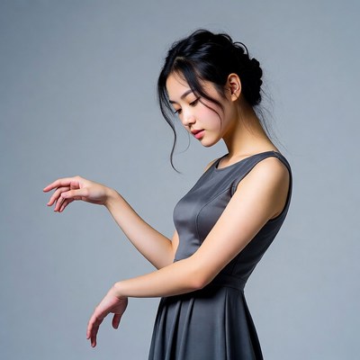 Young woman posing in gray dress