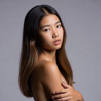 Young woman posing against grey backdrop