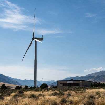 Wind turbine near building in landscape