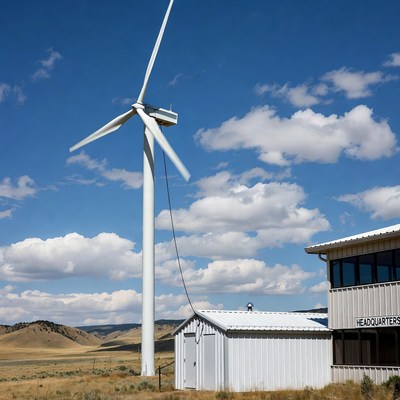 Wind turbine near office building in nature