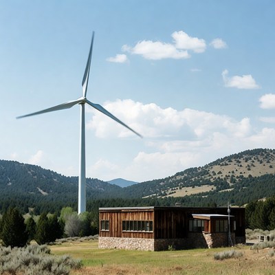 Wind turbine next to house in countryside
