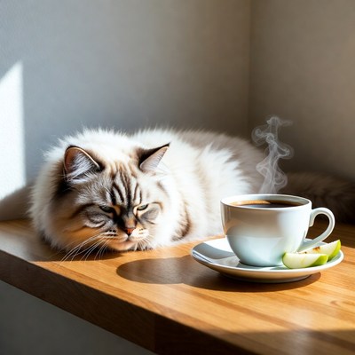 Cat on table near coffee cup
