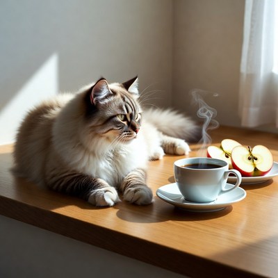 Cat on window sill with coffee