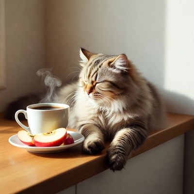 Cat resting by coffee and apples