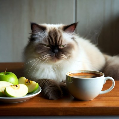Cat resting beside coffee and apples