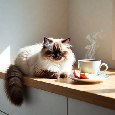 Cat resting by coffee and apples