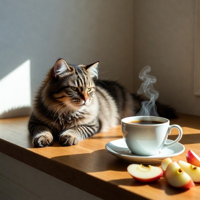 Cat sitting by coffee and apples