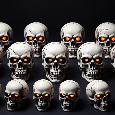 Skulls with glowing eyes in dark setting