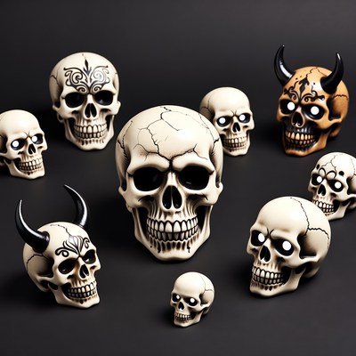 Collection of decorative skulls on display